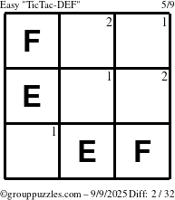 The grouppuzzles.com Easy TicTac-DEF puzzle for Tuesday September 9, 2025 with the first 2 steps marked