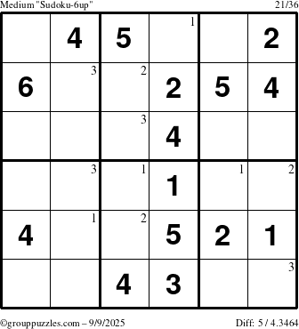 The grouppuzzles.com Medium Sudoku-6up puzzle for Tuesday September 9, 2025 with the first 3 steps marked