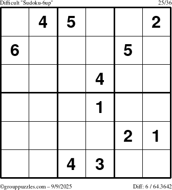 The grouppuzzles.com Difficult Sudoku-6up puzzle for Tuesday September 9, 2025