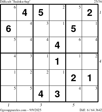 The grouppuzzles.com Difficult Sudoku-6up puzzle for Tuesday September 9, 2025 with all 6 steps marked