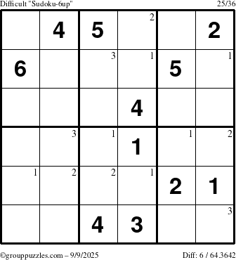 The grouppuzzles.com Difficult Sudoku-6up puzzle for Tuesday September 9, 2025 with the first 3 steps marked