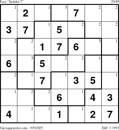 The grouppuzzles.com Easy Sudoku-7 puzzle for Tuesday September 9, 2025 with the first 3 steps marked