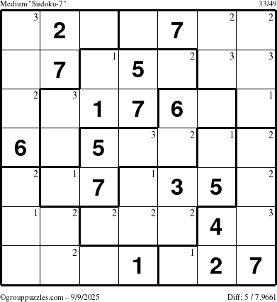 The grouppuzzles.com Medium Sudoku-7 puzzle for Tuesday September 9, 2025 with the first 3 steps marked
