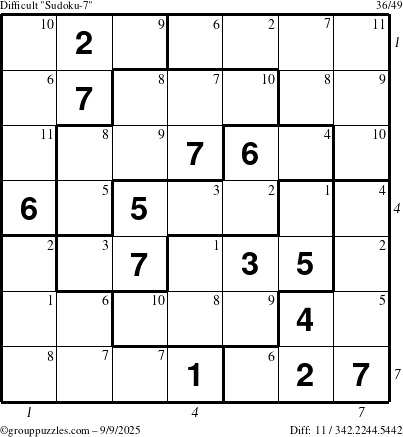The grouppuzzles.com Difficult Sudoku-7 puzzle for Tuesday September 9, 2025 with all 11 steps marked