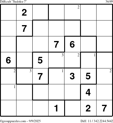 The grouppuzzles.com Difficult Sudoku-7 puzzle for Tuesday September 9, 2025 with the first 3 steps marked