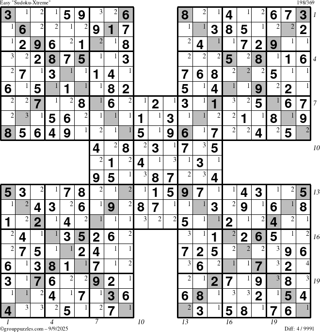The grouppuzzles.com Easy Sudoku-Xtreme puzzle for Tuesday September 9, 2025 with all 4 steps marked