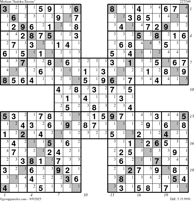 The grouppuzzles.com Medium Sudoku-Xtreme puzzle for Tuesday September 9, 2025 with all 5 steps marked