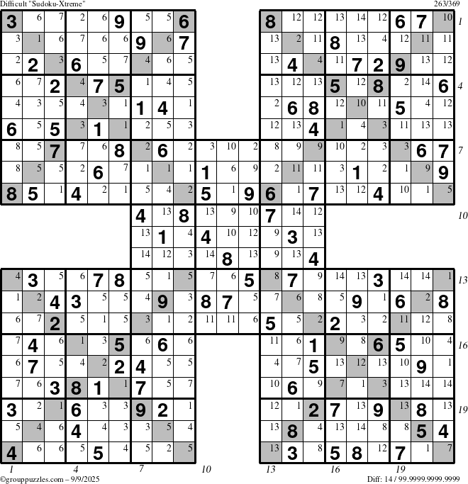 The grouppuzzles.com Difficult Sudoku-Xtreme puzzle for Tuesday September 9, 2025 with all 14 steps marked