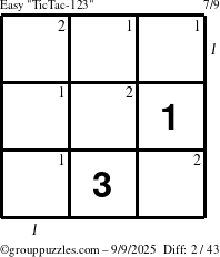The grouppuzzles.com Easy TicTac-123 puzzle for Tuesday September 9, 2025 with all 2 steps marked