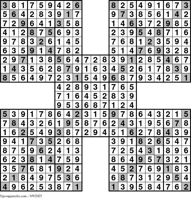 The grouppuzzles.com Answer grid for the Sudoku-Xtreme puzzle for Tuesday September 9, 2025