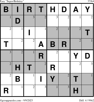 The grouppuzzles.com Easy Super-Birthday puzzle for Tuesday September 9, 2025 with the first 3 steps marked