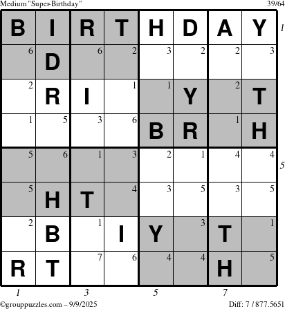 The grouppuzzles.com Medium Super-Birthday puzzle for Tuesday September 9, 2025 with all 7 steps marked