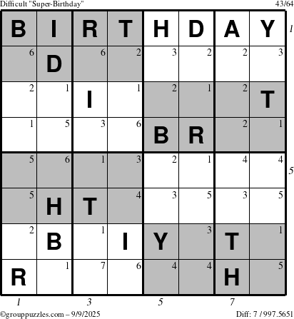 The grouppuzzles.com Difficult Super-Birthday puzzle for Tuesday September 9, 2025 with all 7 steps marked