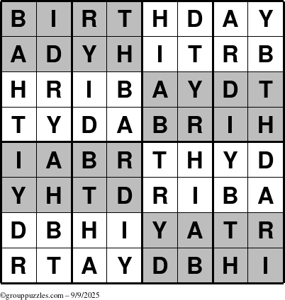 The grouppuzzles.com Answer grid for the Super-Birthday puzzle for Tuesday September 9, 2025