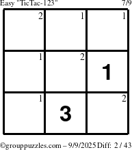 The grouppuzzles.com Easy TicTac-123 puzzle for Tuesday September 9, 2025 with the first 2 steps marked