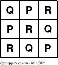 The grouppuzzles.com Answer grid for the TicTac-PQR puzzle for Friday August 14, 2026