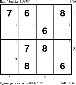 The grouppuzzles.com Easy Sudoku-4-5678 puzzle for Friday August 14, 2026 with all 2 steps marked