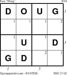 The grouppuzzles.com Easy Doug puzzle for Friday August 14, 2026 with all 2 steps marked