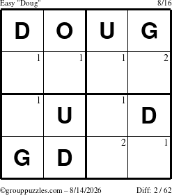 The grouppuzzles.com Easy Doug puzzle for Friday August 14, 2026 with the first 2 steps marked