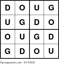 The grouppuzzles.com Answer grid for the Doug puzzle for Friday August 14, 2026