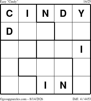 The grouppuzzles.com Easy Cindy puzzle for Friday August 14, 2026
