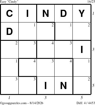 The grouppuzzles.com Easy Cindy puzzle for Friday August 14, 2026 with all 4 steps marked