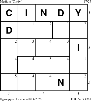 The grouppuzzles.com Medium Cindy puzzle for Friday August 14, 2026 with all 5 steps marked