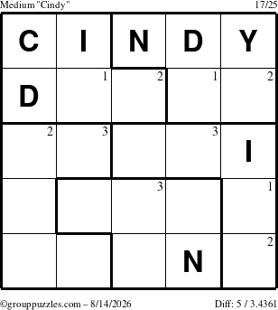 The grouppuzzles.com Medium Cindy puzzle for Friday August 14, 2026 with the first 3 steps marked