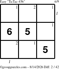 The grouppuzzles.com Easy TicTac-456 puzzle for Friday August 14, 2026, suitable for printing, with all 2 steps marked