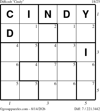 The grouppuzzles.com Difficult Cindy puzzle for Friday August 14, 2026 with all 7 steps marked