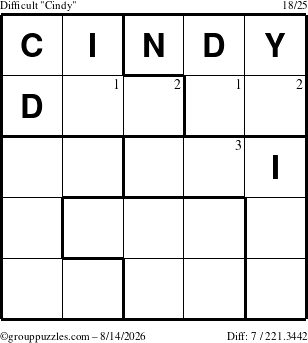 The grouppuzzles.com Difficult Cindy puzzle for Friday August 14, 2026 with the first 3 steps marked