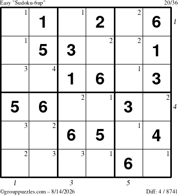 The grouppuzzles.com Easy Sudoku-6up puzzle for Friday August 14, 2026 with all 4 steps marked