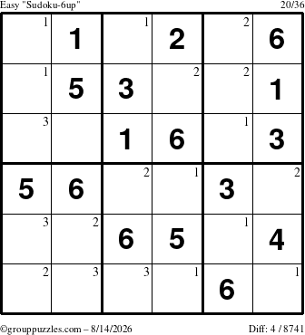 The grouppuzzles.com Easy Sudoku-6up puzzle for Friday August 14, 2026 with the first 3 steps marked