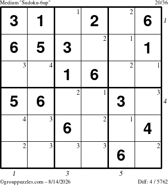 The grouppuzzles.com Medium Sudoku-6up puzzle for Friday August 14, 2026 with all 4 steps marked