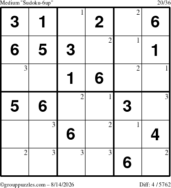 The grouppuzzles.com Medium Sudoku-6up puzzle for Friday August 14, 2026 with the first 3 steps marked