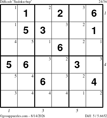 The grouppuzzles.com Difficult Sudoku-6up puzzle for Friday August 14, 2026 with all 5 steps marked