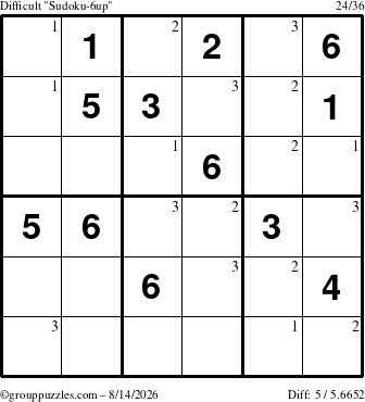 The grouppuzzles.com Difficult Sudoku-6up puzzle for Friday August 14, 2026 with the first 3 steps marked