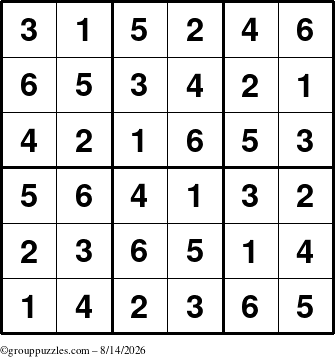 The grouppuzzles.com Answer grid for the Sudoku-6up puzzle for Friday August 14, 2026