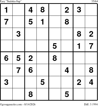 The grouppuzzles.com Easy Sudoku-8up puzzle for Friday August 14, 2026