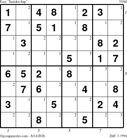 The grouppuzzles.com Easy Sudoku-8up puzzle for Friday August 14, 2026, suitable for printing, with all 3 steps marked