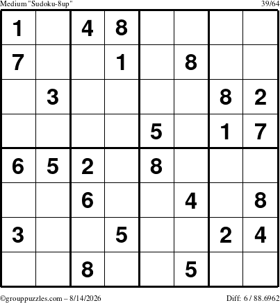 The grouppuzzles.com Medium Sudoku-8up puzzle for Friday August 14, 2026