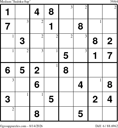 The grouppuzzles.com Medium Sudoku-8up puzzle for Friday August 14, 2026 with the first 3 steps marked