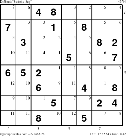 The grouppuzzles.com Difficult Sudoku-8up puzzle for Friday August 14, 2026 with all 12 steps marked