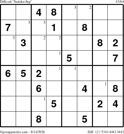 The grouppuzzles.com Difficult Sudoku-8up puzzle for Friday August 14, 2026 with the first 3 steps marked