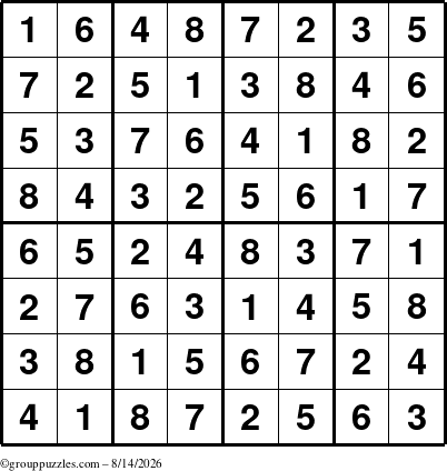 The grouppuzzles.com Answer grid for the Sudoku-8up puzzle for Friday August 14, 2026