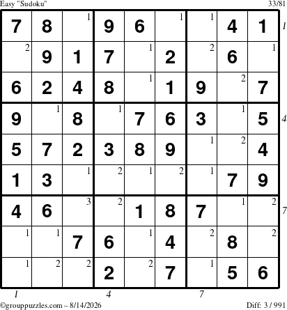The grouppuzzles.com Easy Sudoku puzzle for Friday August 14, 2026, suitable for printing, with all 3 steps marked