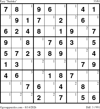 The grouppuzzles.com Easy Sudoku puzzle for Friday August 14, 2026 with the first 3 steps marked