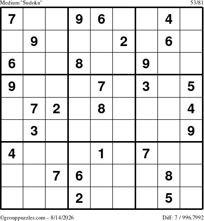 The grouppuzzles.com Medium Sudoku puzzle for Friday August 14, 2026