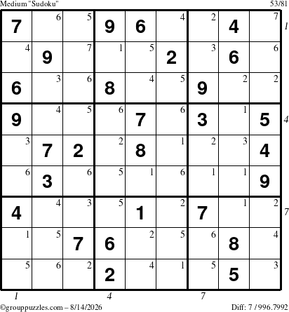 The grouppuzzles.com Medium Sudoku puzzle for Friday August 14, 2026 with all 7 steps marked