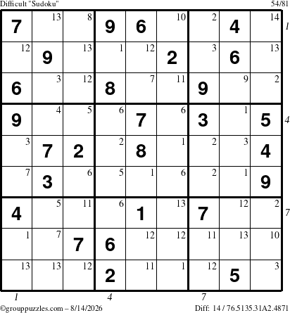 The grouppuzzles.com Difficult Sudoku puzzle for Friday August 14, 2026 with all 14 steps marked